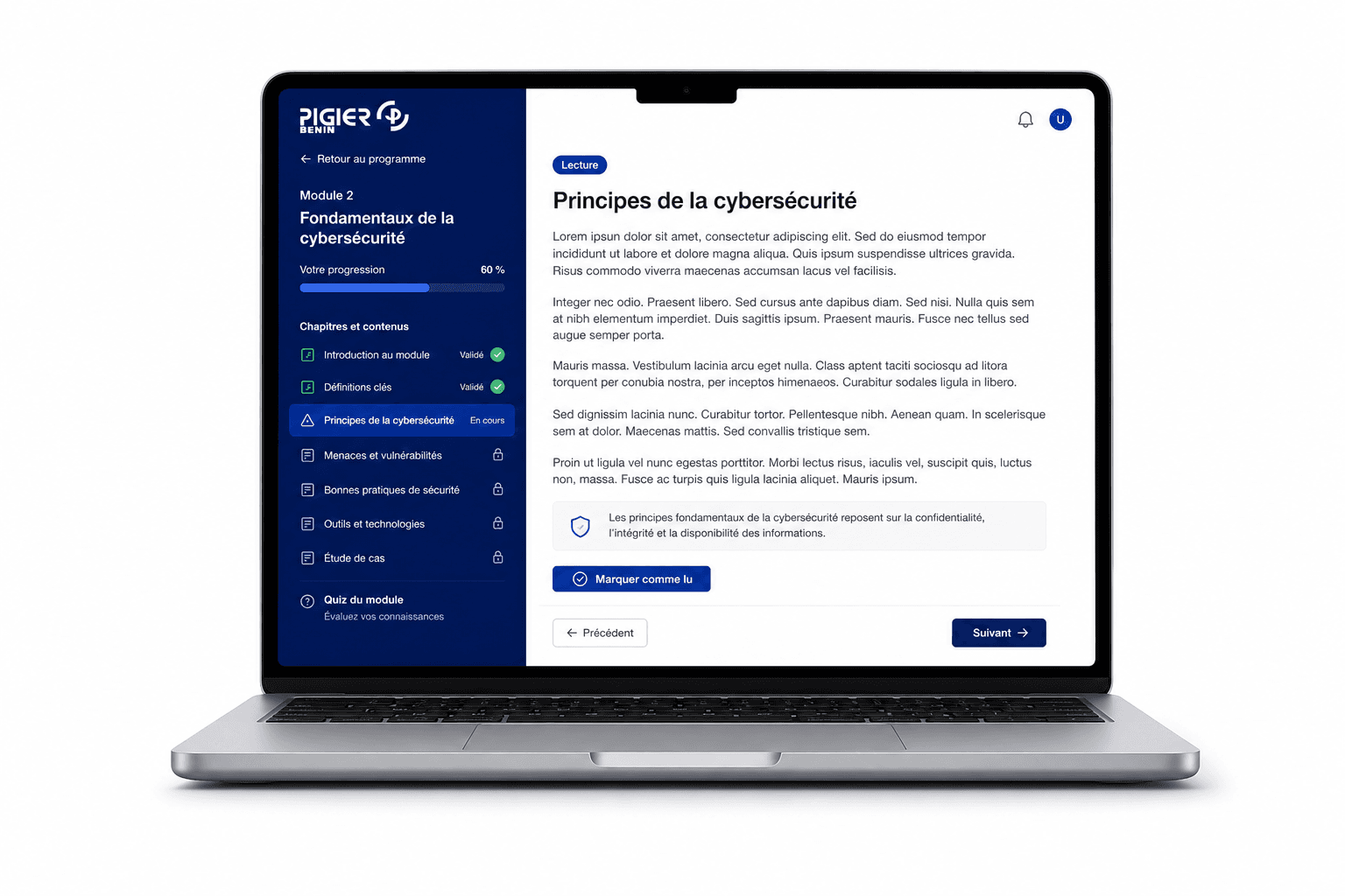 Interface de cours de la plateforme : module, progression et contenus